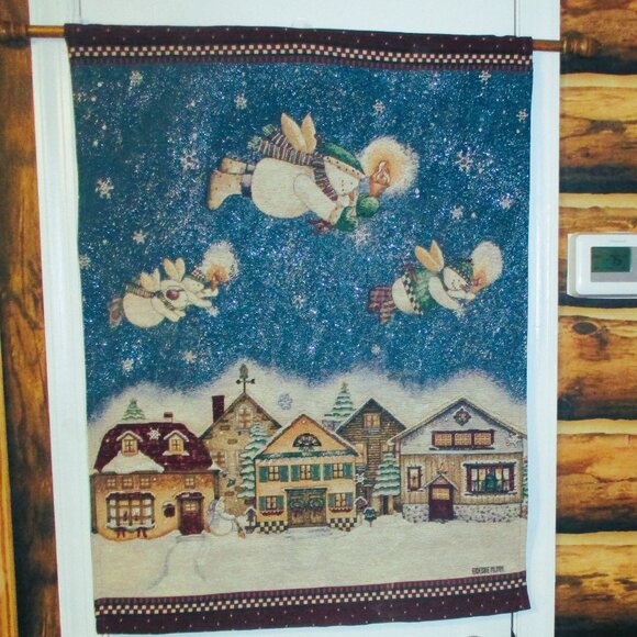 Debbie Mumm Glittery Snowy Tapestry Wall Hanging With Flying Snowmen & Houses - Picture 1 of 4